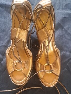ANTONIO MELANI Metallic Bronze Lace-Up Sandals with Front Ring